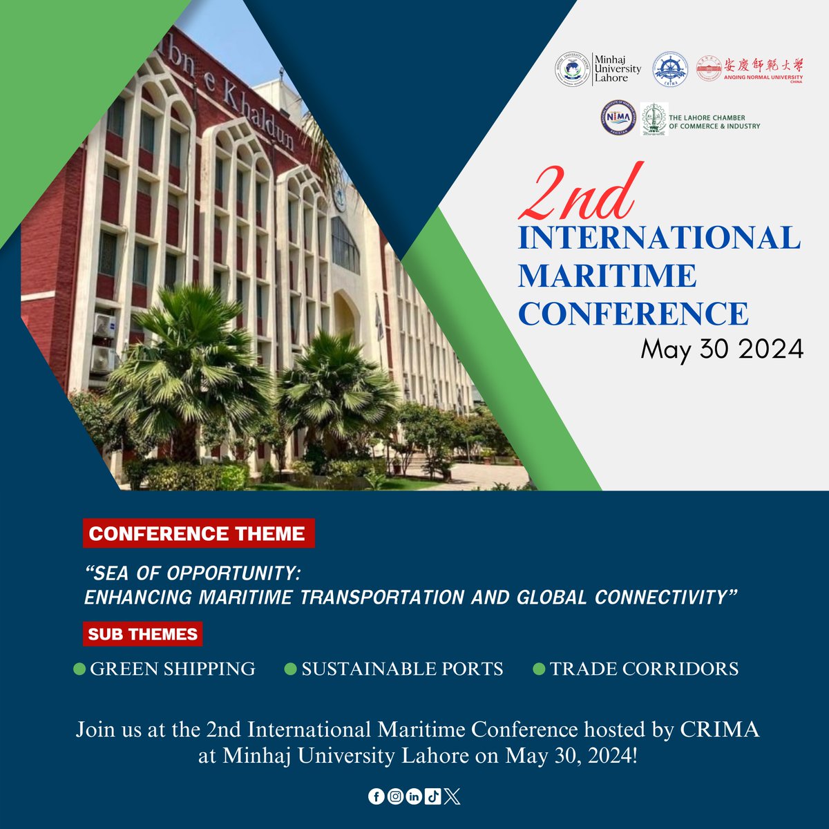 Join us at the 2nd International Maritime Conference (IMC-2024) hosted by CRIMA at Minhaj University Lahore on May 30, 2024!
#IMC2024
#InternationalMaritimeConference
#MaritimeAffairs
#InternationalConference
#GreenShipping
#SustainablePorts
#tradecorridors <a href="/OfficialMUL/">Minhaj University Lahore</a>