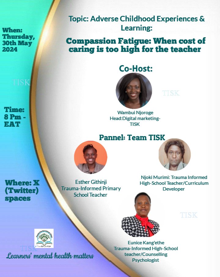 traumasch_kenya's tweet image. Teachers are nurturers &amp;amp; caregivers
Sometimes that ability is taken over by secondary trauma

What are symptoms that a teacher is experiencing Compassion fatigue?

Join TISK team this Thursday as we delve more into this topic
#ACEsandlearning
#Teachersmentalhealthmatterstoo