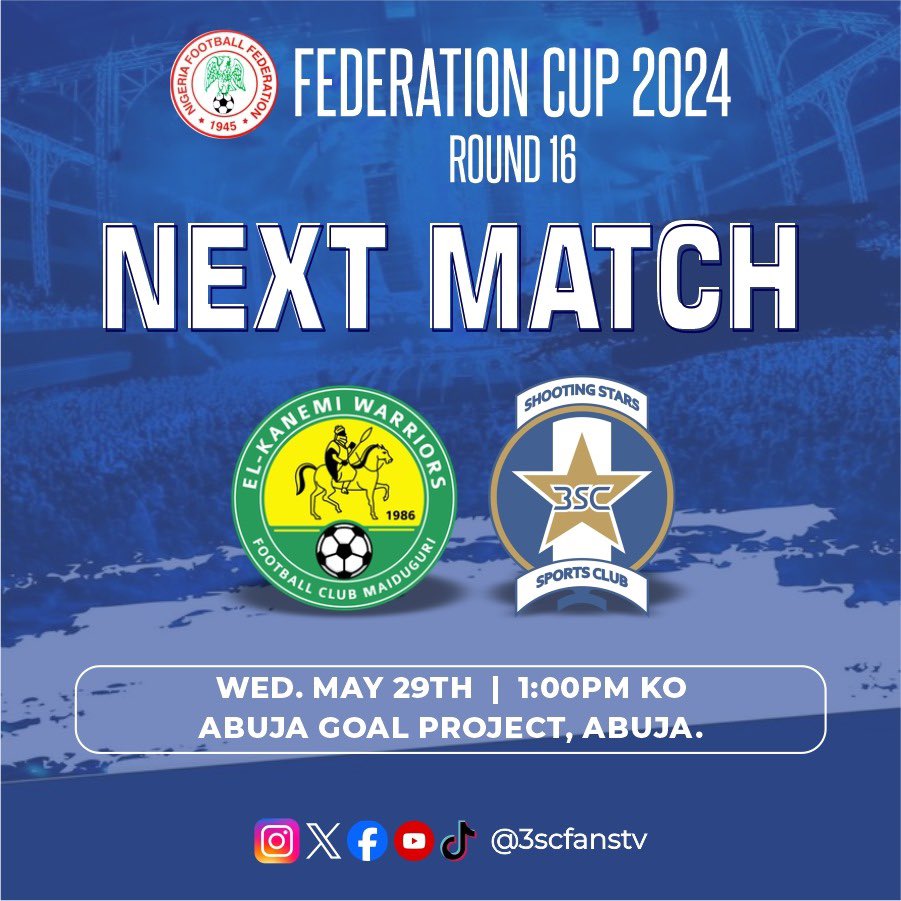 3scfanstv's tweet image. 🌟 Tomorrow, we face ElKanemi Warriors in the Federation Cup Round of 16 at the Abuja Goal Project. 🚀

It’s been a good run so far, and we’re aiming to conquer the next opponent. Our sights are set on the goal! 

Come on, Shooting Stars! 🌠⚽️

#FederationCup #R16 #UpShooting