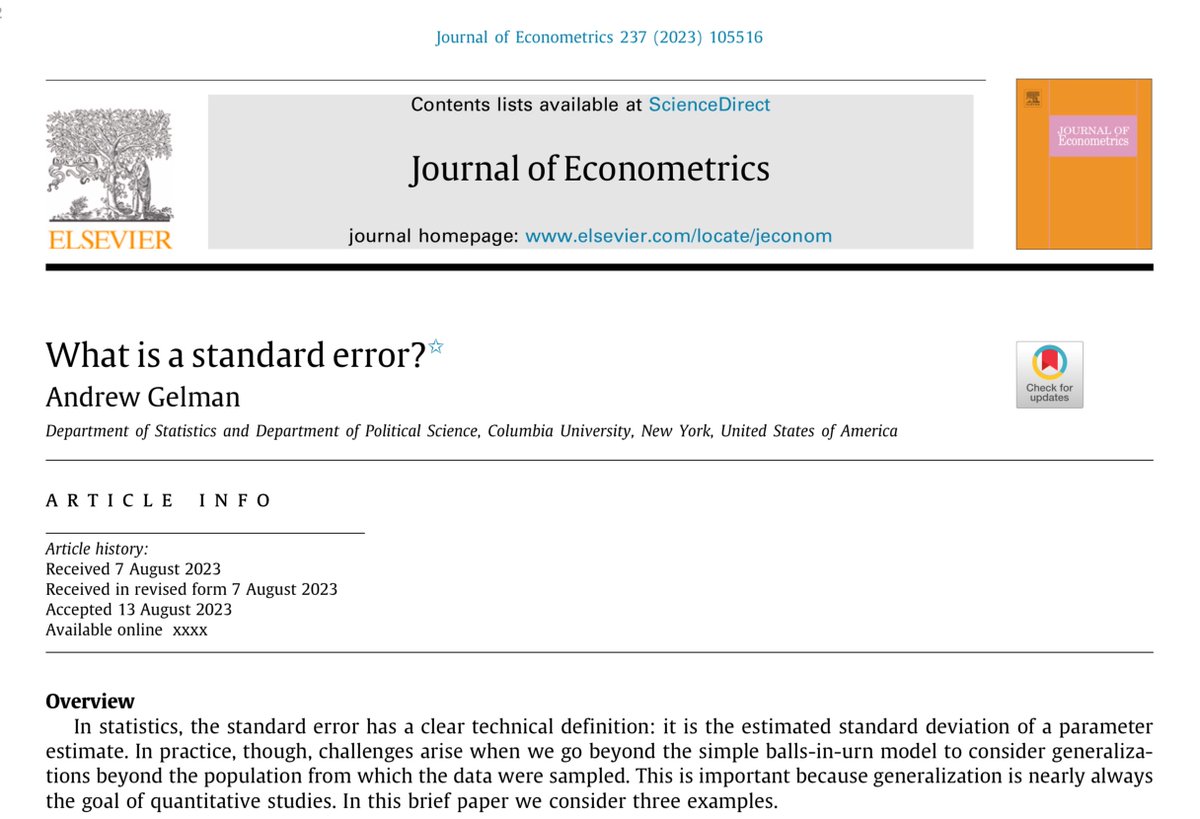 Hi #EconTwitter! What is a standard error? 🧐😆 Don't forget about the 'trilogy' on the subject, published in @jeconometrics! Papers by @jmwooldridge (@michiganstateu), Andrew Gelman @StatModeling (@columbia) and James Powell (@uarizona). 👇 Have fun! 🤩 Links: Jeff's: