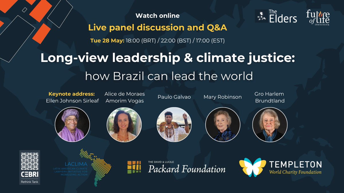 🗓️ EVENT REMINDER Today, 28 May: 18:00 (BRT) / 22:00 (BST) / 17:00 (EST) 📺 Join online to watch Elders' Chair Mary Robinson and expert guests explore how Brazil can mobilise the world to deliver #ClimateJustice. Speaker bios and live stream here: theelders.org/news/long-view…