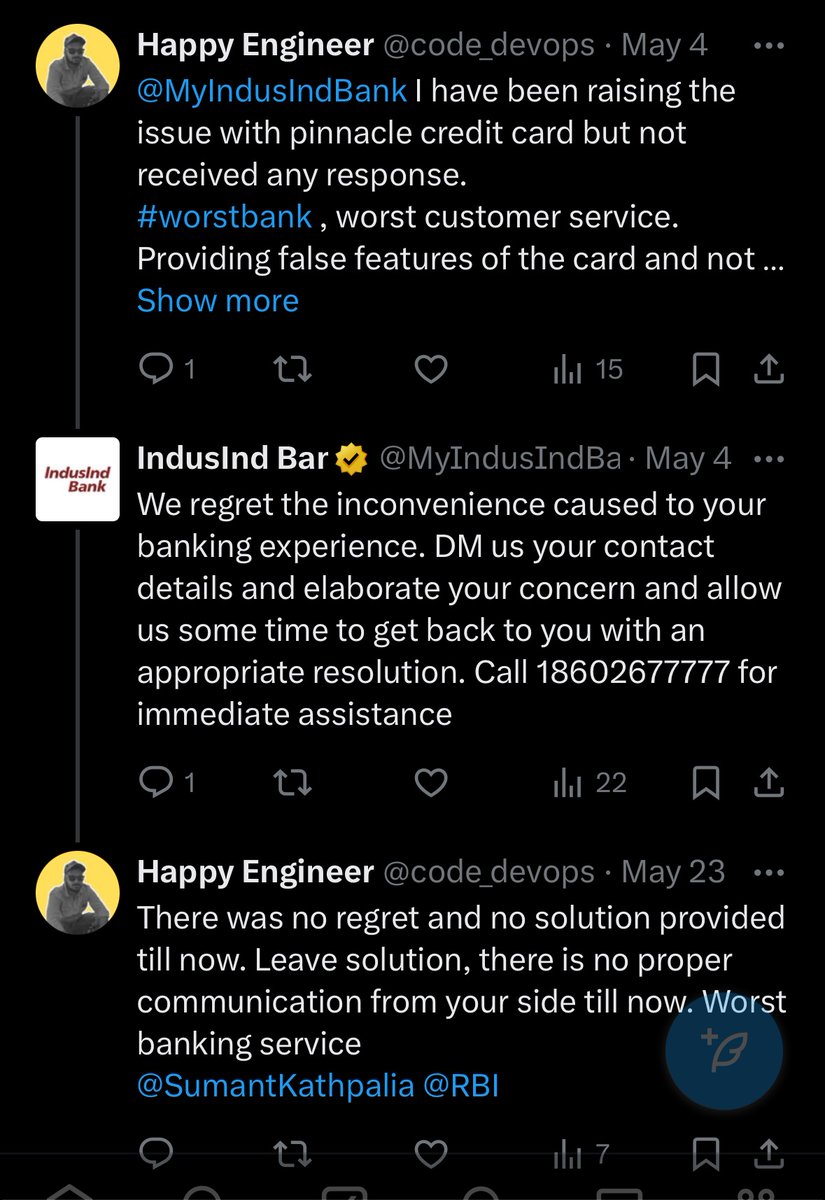 code_devops's tweet image. This is the level of professionalism we see from @MyIndusIndBank . Despite multiple requests, no response. Customer care in accessible, emails unanswered. Seeking advice on recourse.
@jagograhakjago @RBI @consumerforum_ @consaff @SumantKathpalia #help