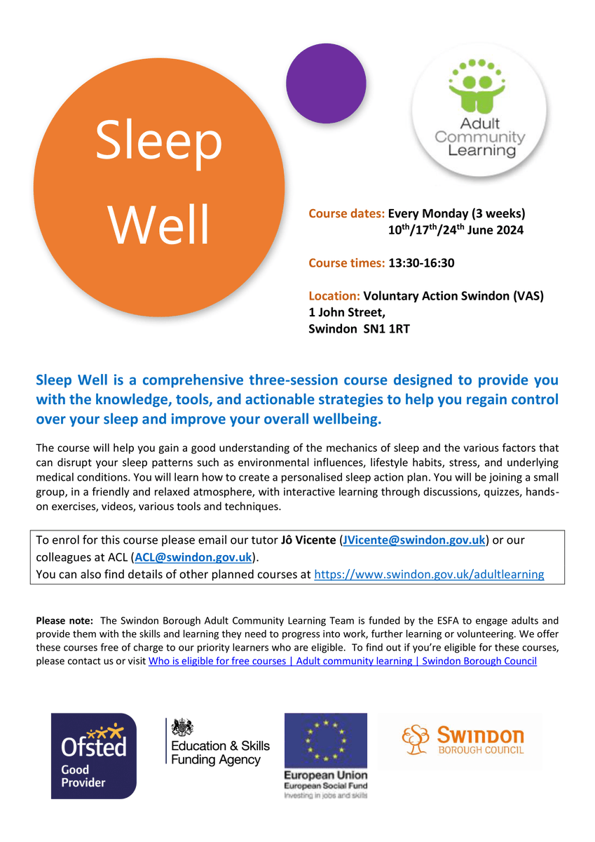 Sleep Well is a comprehensive three-session course designed to provide you with the knowledge, tools & actionable strategies to help you regain control over your sleep & improve your overall wellbeing To enrol email Jô Vicente JVicente@swindon.gov.uk or ACL (ACL@swindon.gov.uk)
