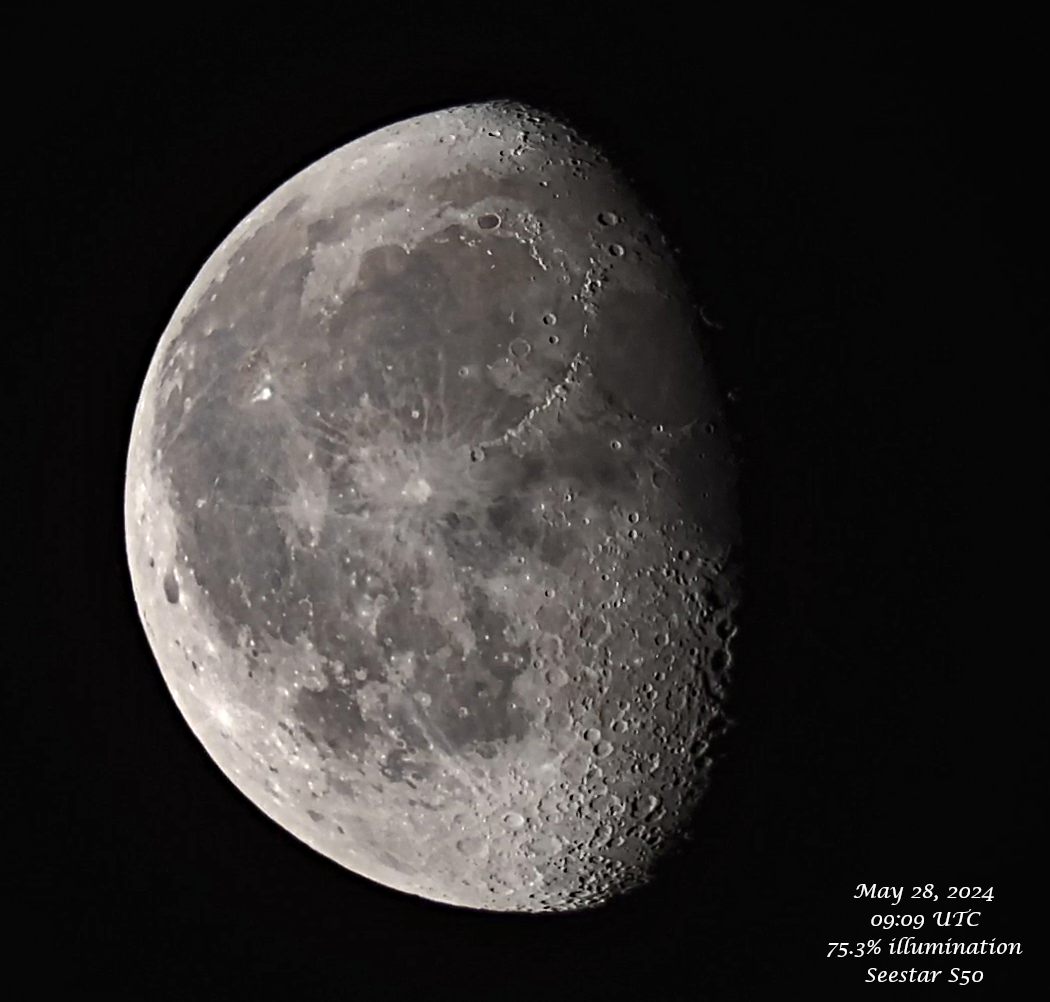 Early morning 75.3% moon taken with @Seestar_astro #Astrophotography #MoonHour #ZWO