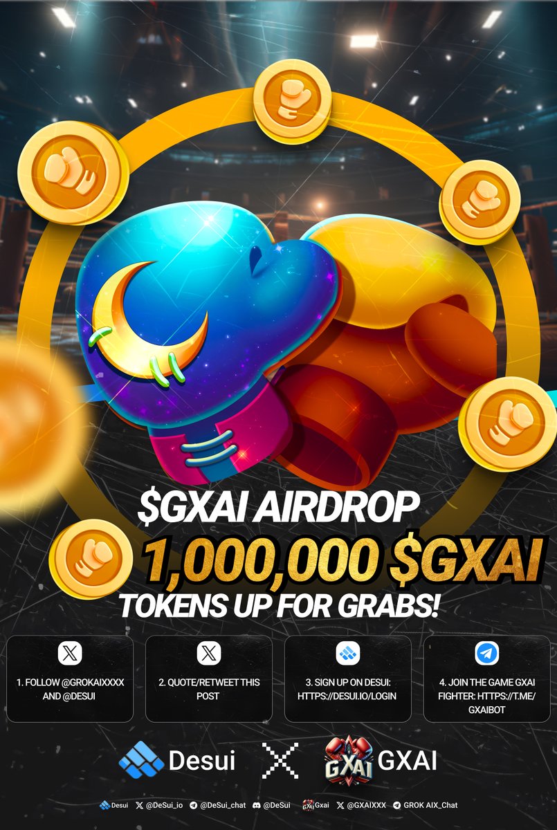 DeSui | Decentralized House of Web3 | Beta 3.0 (@desui_io) on Twitter photo 🔥 $GXAI Airdrop! #GXAI x #DESUI: 1,000,000 $GXAI Tokens Up for Grabs!
🏆 50 Lucky Winners will be chosen in just 3 days!
How to Participate:
1. Follow @GrokaiXxxx and <a href="/DeSui_io/">DeSui | Decentralized House of Web3 | Beta 3.0</a>
2. Quote/Retweet this post
3. Sign up on Desui: desui.io/login
4. Join the game GXAI 🔥 $GXAI Airdrop! #GXAI x #DESUI: 1,000,000 $GXAI Tokens Up for Grabs!
🏆 50 Lucky Winners will be chosen in just 3 days!
How to Participate:
1. Follow @GrokaiXxxx and <a href="/DeSui_io/">DeSui | Decentralized House of Web3 | Beta 3.0</a>
2. Quote/Retweet this post
3. Sign up on Desui: desui.io/login
4. Join the game GXAI