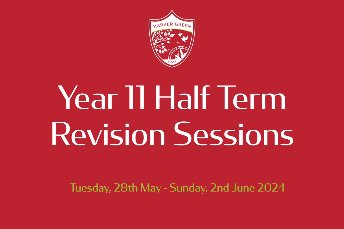 We’re looking forward to seeing our Year 11 students at the daily revision sessions throughout half term. All sessions are from 9:30-12:30pm: • 28/05: English Language • 29/05: Science • 30/05: Geography • 31/05: RS & DT • 01/06: History & Science • 02/06: Maths