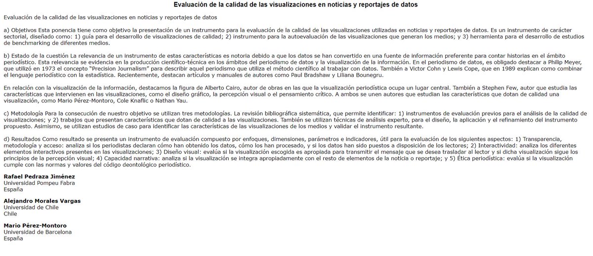 Miércoles 29 en la franja 3 - 7, Periodismo e información de calidad, (17.15 a 19.15 h aula C-04), se presenta «Evaluación de la calidad de las visualizaciones en noticias y reportajes de datos» de @rafael_pedraza @intermedio @mperezmontoro #AEICMurcia2024 @cuvicom #cuvicom