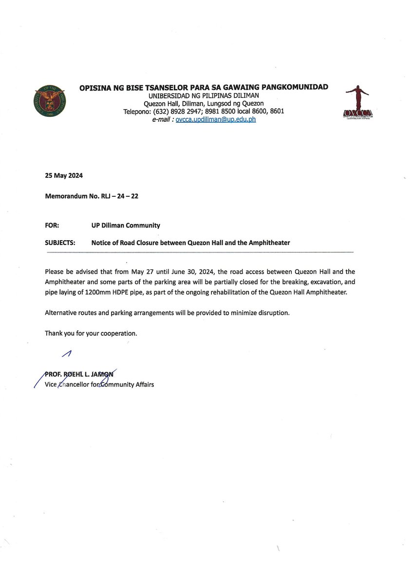 ATTENTION: UP Diliman road access is partially closed between Quezon Hall and the University Amphitheater due to ongoing rehabilitation of the location. Please be advised from May 27-June 30.   
  
📷 UP Diliman Office of the Vice Chancellor for Community Affairs