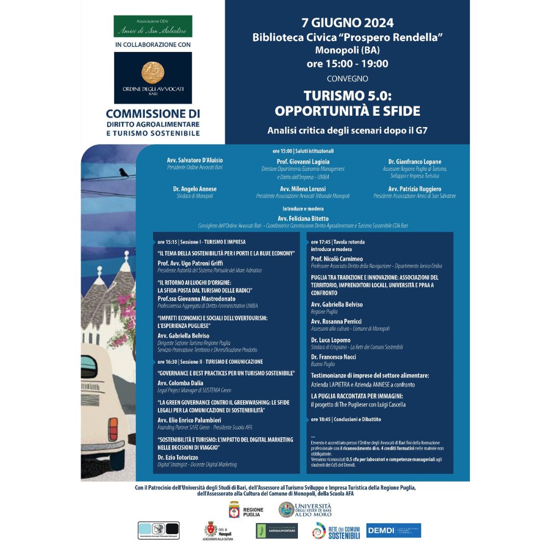 Il prossimo 7 giugno a #Monopoli, dalle 15 alle 19 nella biblioteca Rendella, si terrà un seminario organizzato dalla commissione Diritto #Agroalimentare e #Turismo sostenibile dell'Ordine degli Avvocati di #Bari, incentrato sul turismo.