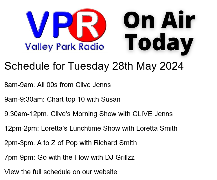 📻 #OnAir today: 🕗 8am: All 00s from Clive Jenns 🕘 9am: Chart top 10 with Susan 🕛 9:30am: Join Clive every weekday morning from 9 to 12. With Great Music, chat and Special guests. Plus the Mo... #HospitalRadio #OnAir #ListenLocal #ValleyParkRadio bit.ly/vprweb