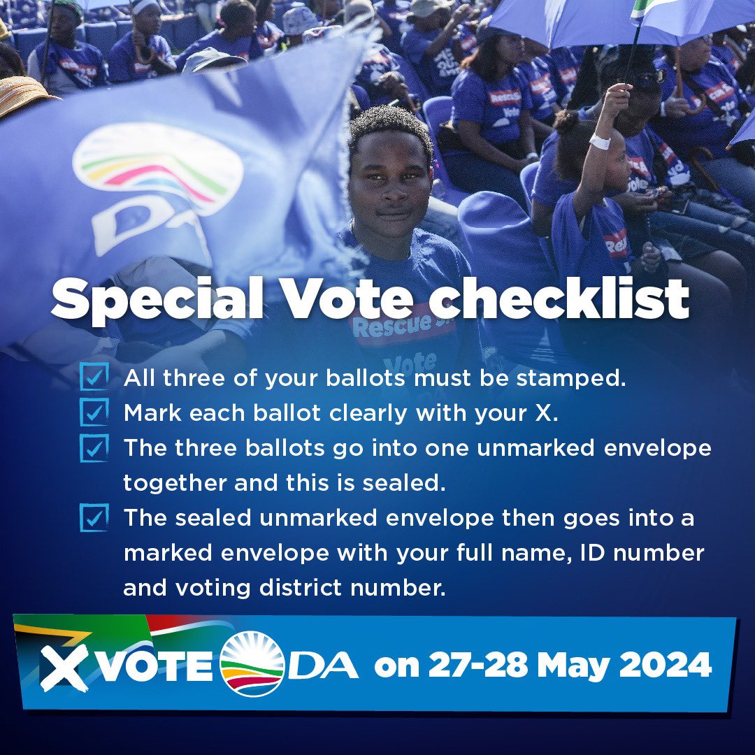 ✅ South Africa as you go cast your Special Votes today, here’s a checklist to ensure you’re educated about the process. For help, call 021 020 0901 OR visit WhereToVote.da.org.za. 

United we can usher in a new DA-led government. On 29 May iDA izophatha! 

#RescueSA #VoteDA