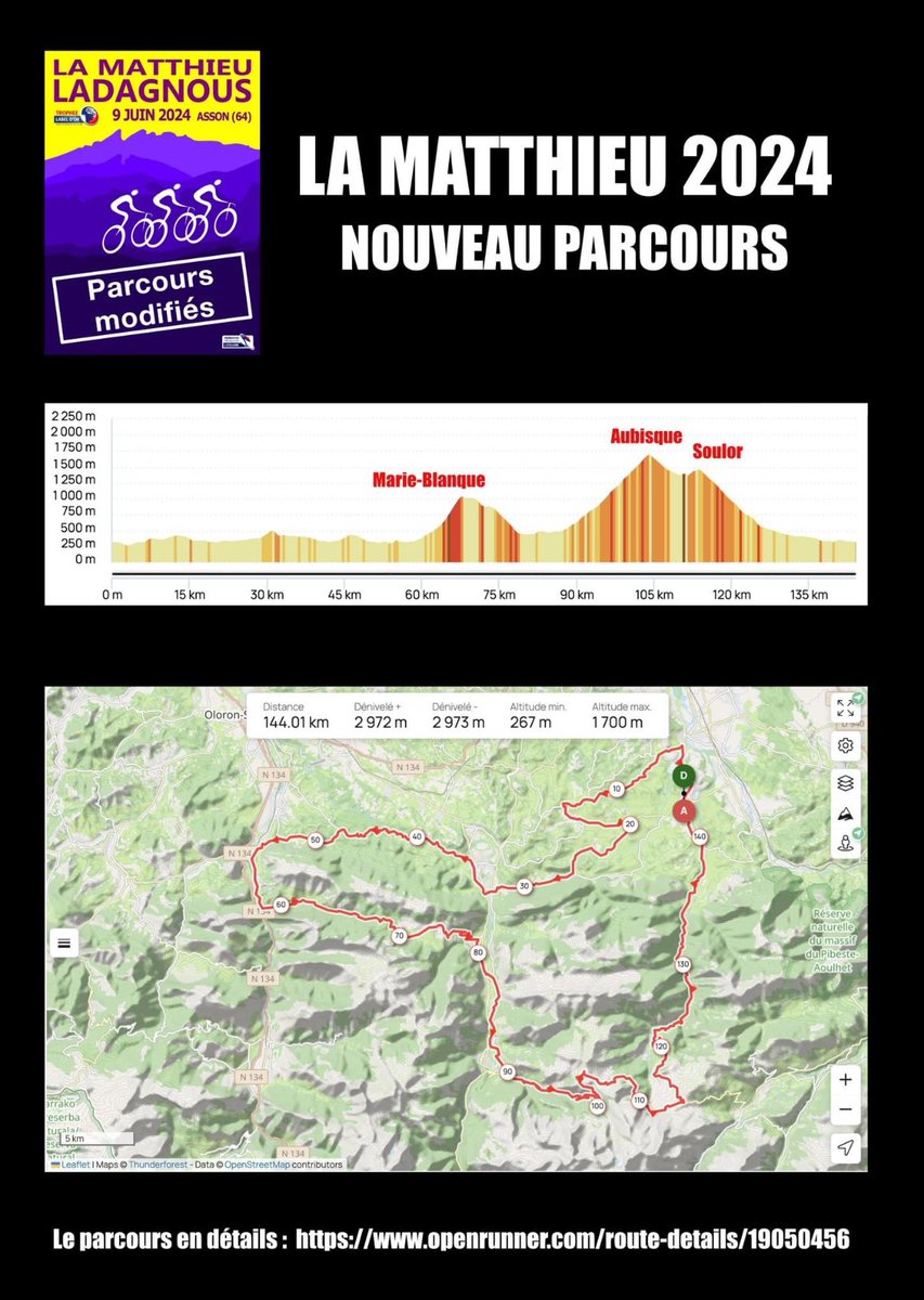 Suite à un glissement de terrain, les parcours de la Cyclosportive La Matthieu Ladagnous changent!!!

Pour découvrir les nouveaux parcours, cliquez sur :
- La Matthieu : openrunner.com/route-details/…
- La Hubert : openrunner.com/route-details/…
Inscrivez-vous vite : pyreneeschrono.fr/evenement/la-m…