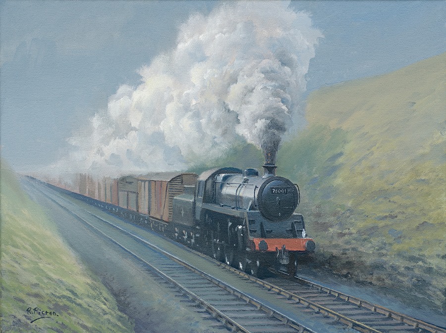 A British Railways Class 4 locomotive Oil on Canvas, 16' x 12' Prints, cards etc of this painting are available on the website-redbubble.com/i/art-print/BR…