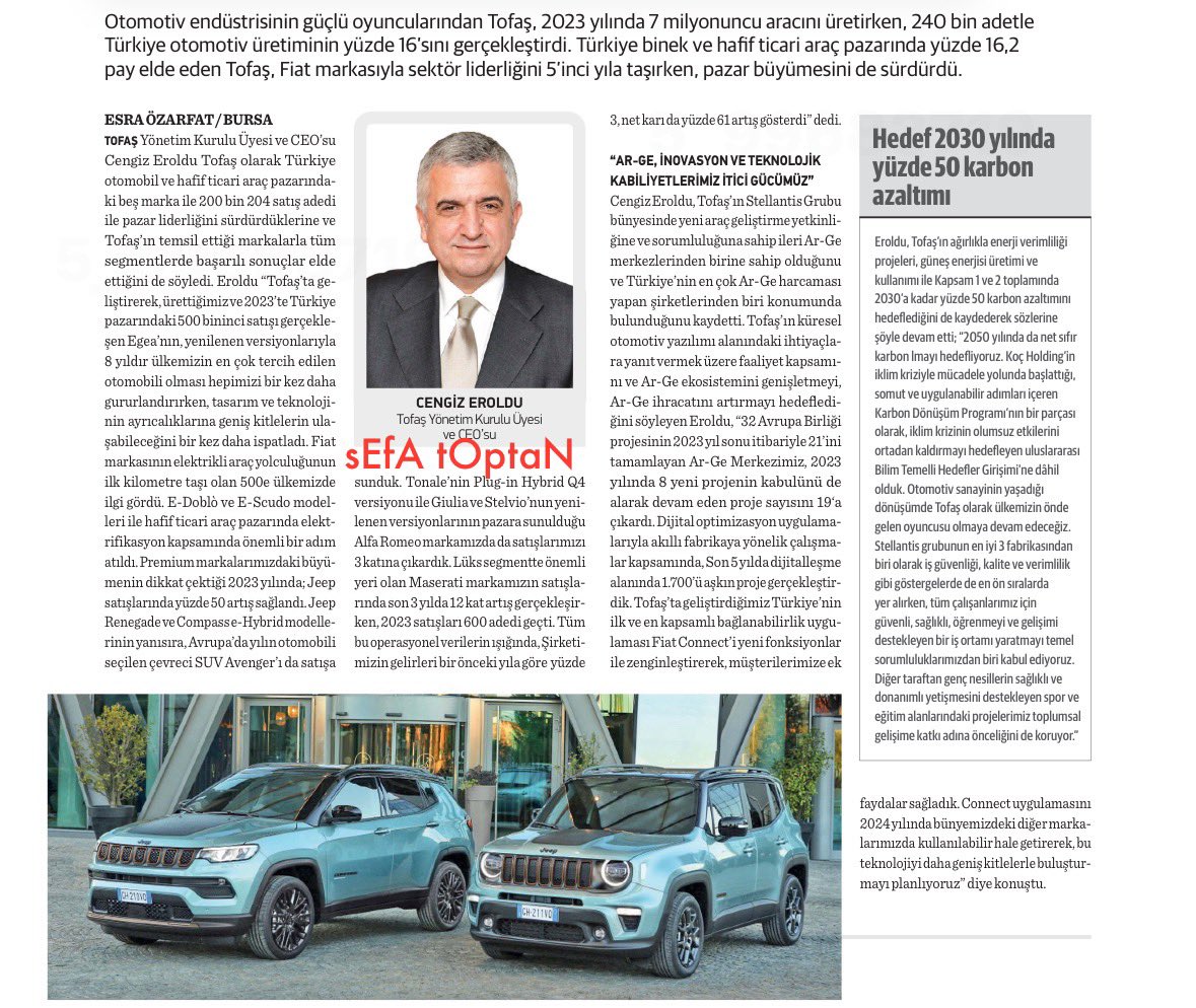 📍Tofaş, 2023 yılında Türkiye otomotiv üretiminin yüzde 16’sını gerçekleştirdi. #toaso 📍Hedef 2030 yılında yüzde 50 karbon azalımı: (Ekonomim)