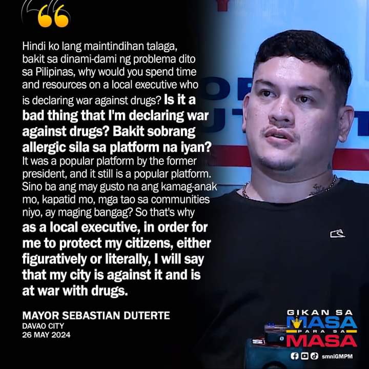 “Is it a bad thing that I’m declaring war against drugs? Bakit sobrang allergic sila sa platform na iyan?” -Mayor Sebastian Duterte Davao City | 26 May 2024 ***ke Marcos Jr yata, Mas importante ang buhay ng kriminal kesa sa buhay ng ordinaryong Pilipino!🥴 ctto @smninews