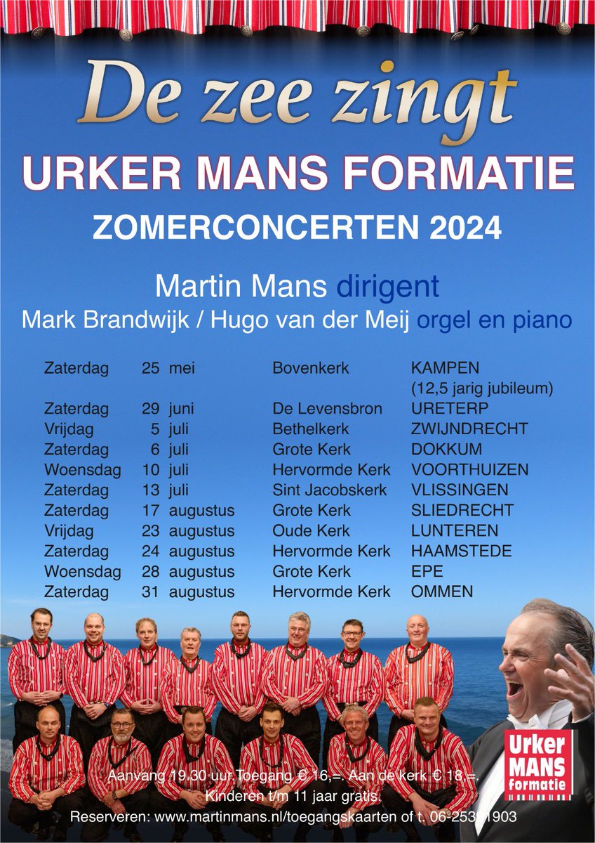 “De zee zingt” zomertour Urker Mans Formatie! 

Reserveer je kaarten voor de zomerconcerten 2024 op martinmans.nl!
