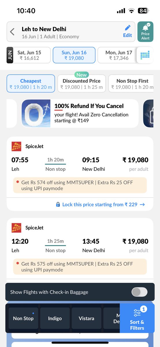 Leh to Delhi airfares are crazy, 19,000 on an average in economy class.This is 20 days out.This is what monopolies can do to a system.Demand based pricing is fine but it is a 1.20 hours flight. ⁦@DGCAIndia⁩ ⁦@JM_Scindia⁩ please look into this. Economy fares at 20,000.