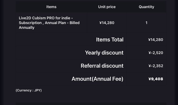 #Live2d is honestly generous with their prices. This is the renewal fee that I need to pay to extend my subscription this august. Student special discount, referral discount (not affiliate, once a year) and they decrease the yearly price too after 2nd and so on. And sales too.