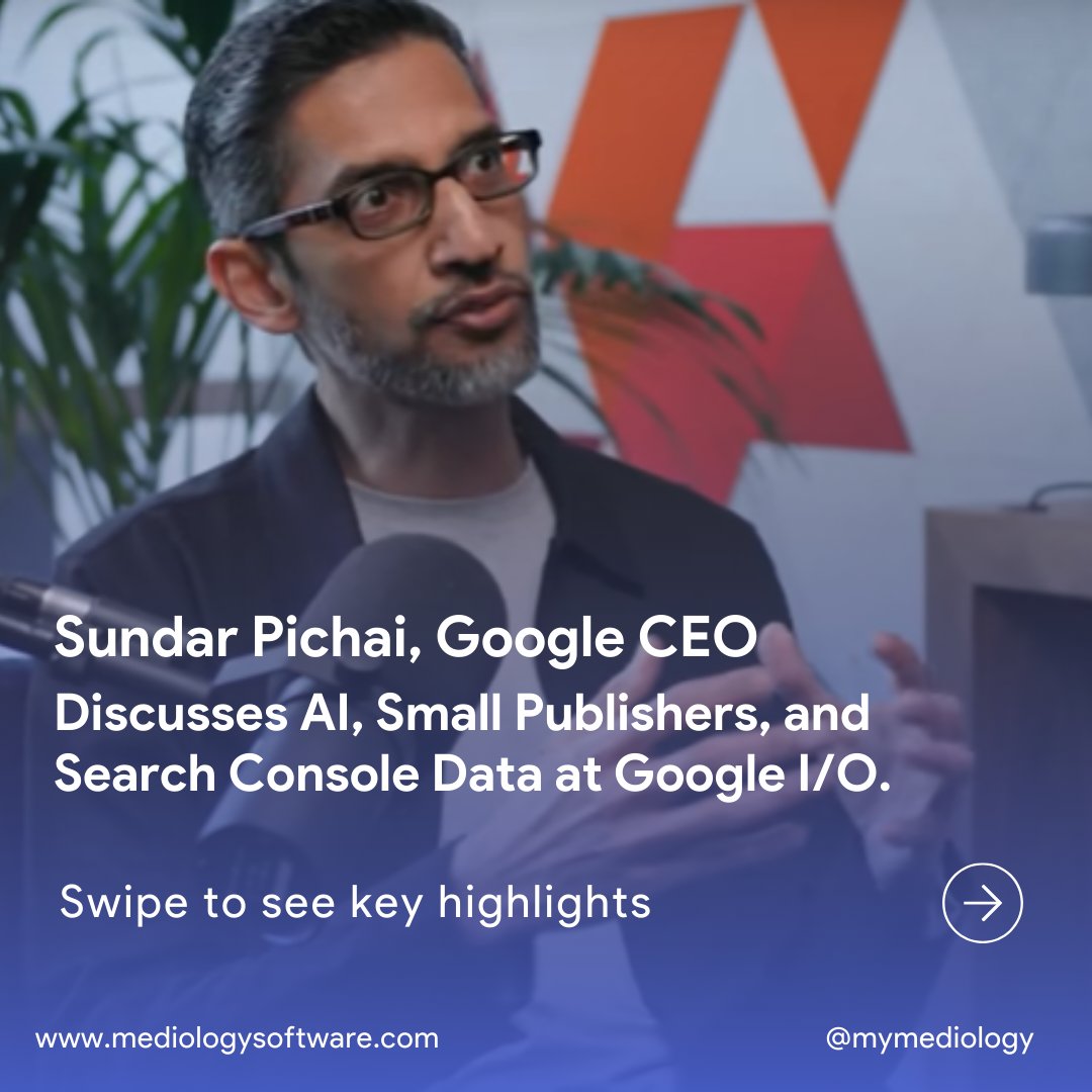 Sundar Pichai, Google CEO. Discusses AI, Small Publishers, and Search Console Data at Google I/O.
(Full thread of key highlights👇👇)

#AI #GoogleIO #SundarPichai #WebmasterInsights #SearchConsole #DigitalPublishing #TechNews #ContentCreators #SEO #WebTraffic #GoogleUpdates