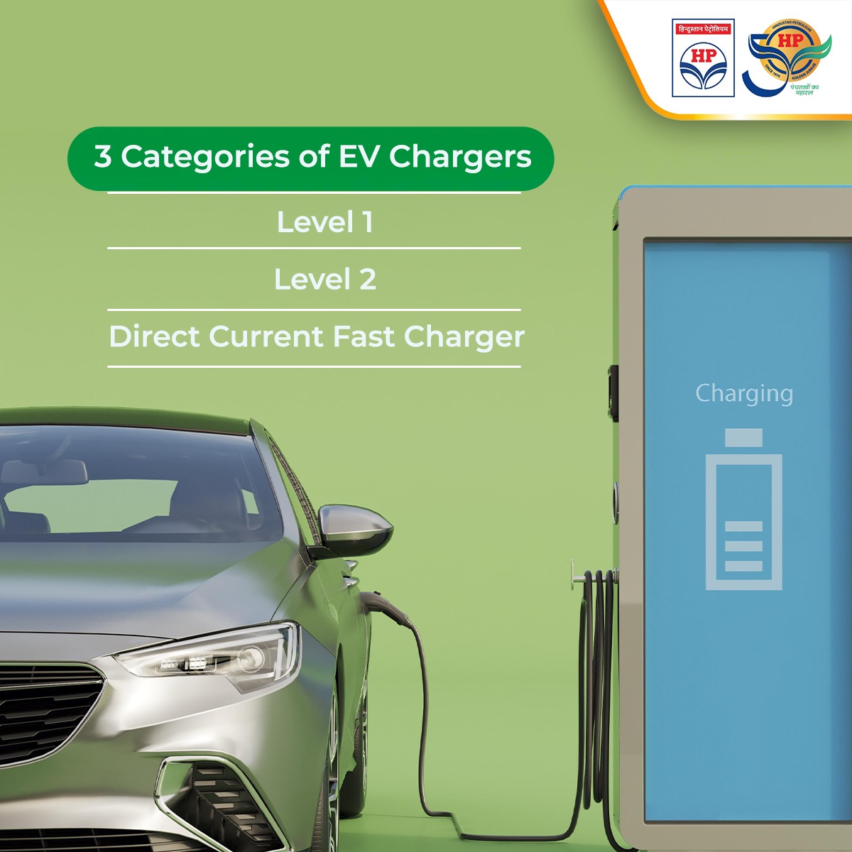 Based on Input Voltage, Power Output, Charging Speed, Equipment and Installation Cost, EV Power Intake, EV chargers are classified into three categories: Level 1, Level 2 and direct current (DC) fast chargers. 

#EVChargers #HPCL #DeliveringHappiness #HPTowardsGoldenHorizon