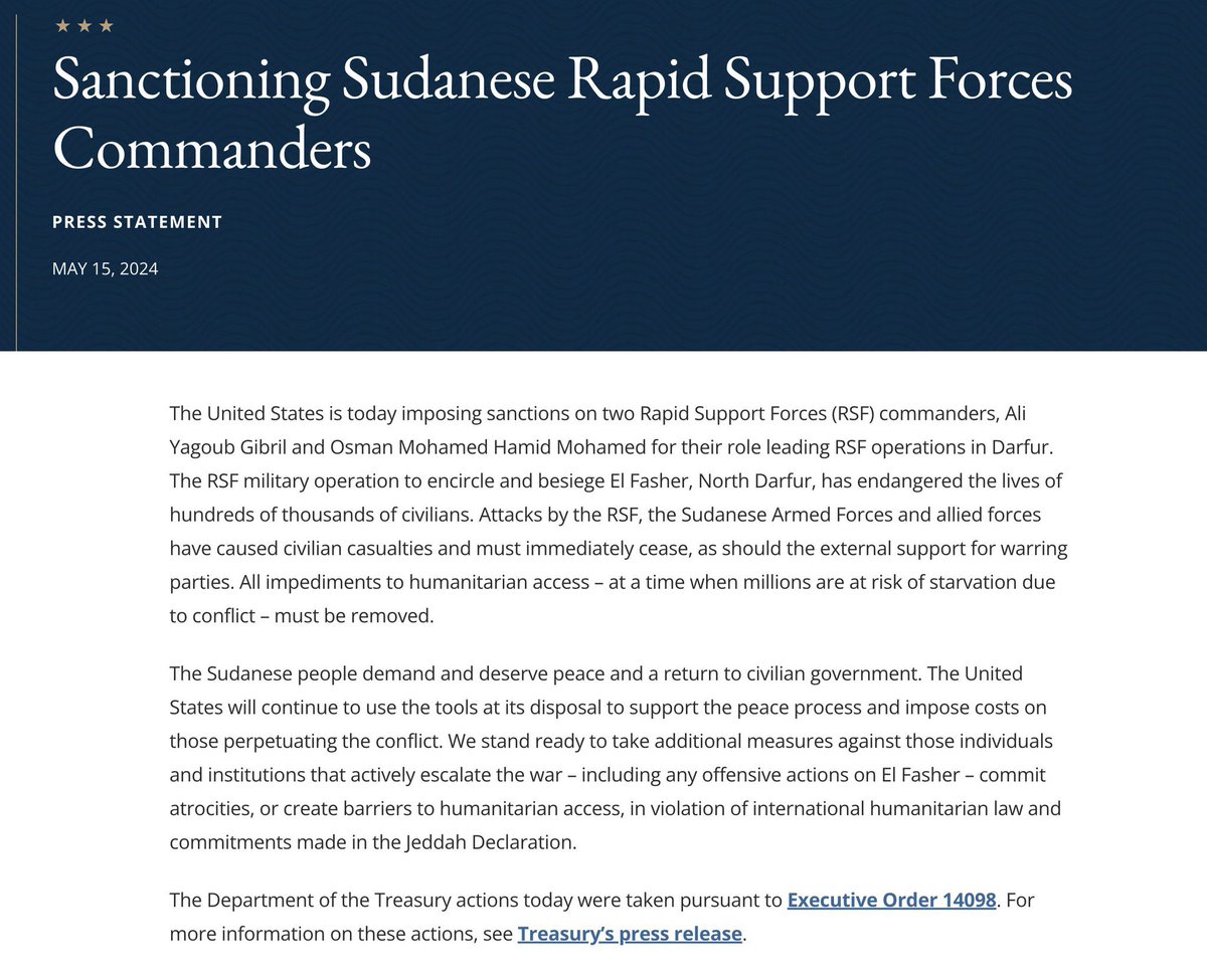 We know this RSF (Rapid Support Force) are working with the region of Eritrean Leaders todestabilize the Horn. Because of this the @POTUS @SecBlinken taking action by sanction them @AmbMKimani @HaroldAgyeman @AmbassadorBiang @_AfricanUnion 
#BringBackHomeTigrayRefugees @EUCounci