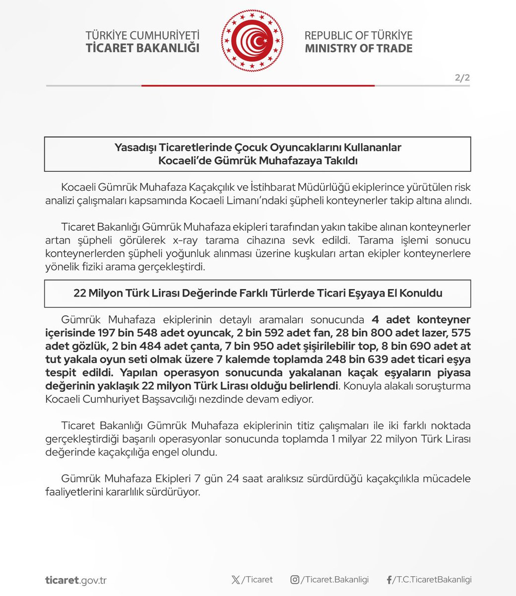 Ticaret Bakanlığı Gümrük Muhafaza Ekipleri Mersin ve Kocaeli’de Rekor Yakalamalara İmza Attı (28.05.2024)