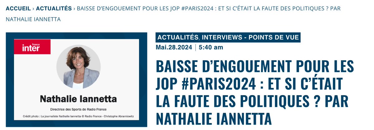 Baisse d’engouement pour les JOP #Paris2024 : Et si c’était la faute des politiques ? par @nathiannetta Alors que, sondage après sondage, l’enthousiasme olympique s’effrite, Nathalie Iannetta sur @franceinter tente une explication politique. Il n'est peut-être pas inutile de