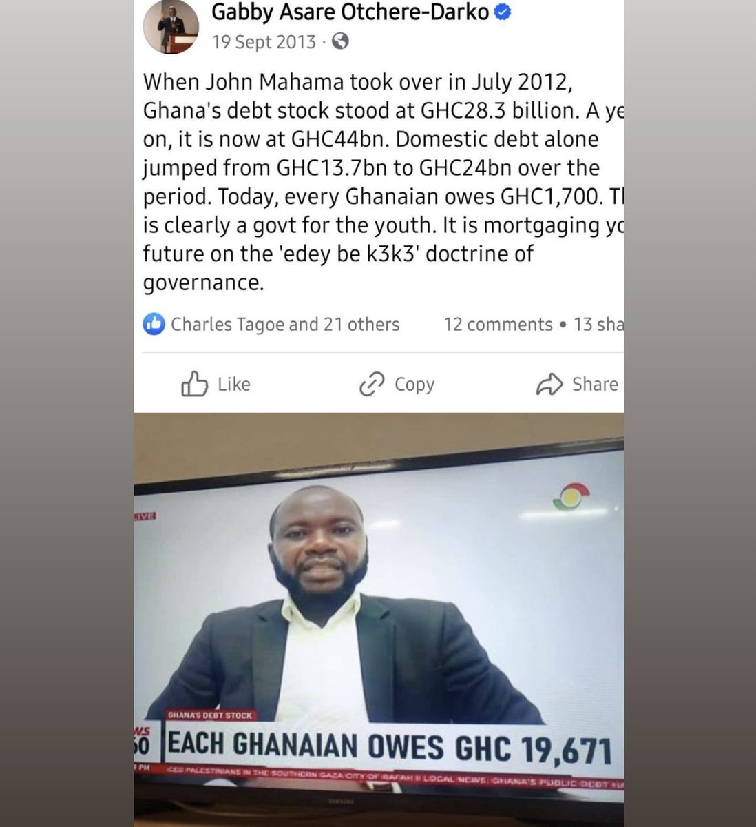 According to our ‘prime minister’, in 2013 every Ghanaian owed 1700gh and that warranted for Mahama to be called ‘incompetent’..today, see the astronomical increase of the amount every Ghanaian owes after being given Ghana since 2016, almost 20,000gh and we’re expected to hail