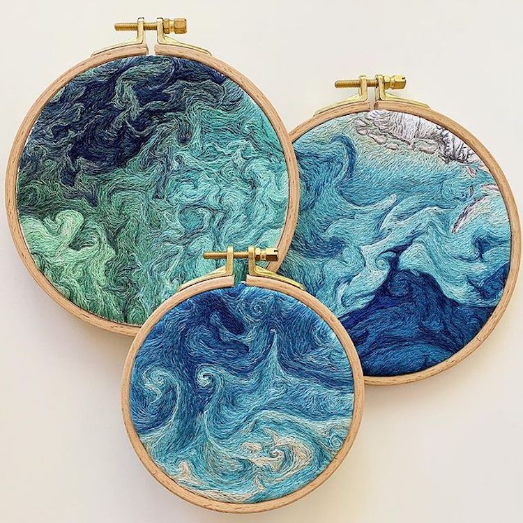Canada-based artist Danielle Currie aka Satellite Stitches (on Instagram), creates mesmerizing hand embroidery based on satellite images of Earth's oceans #WomensArt