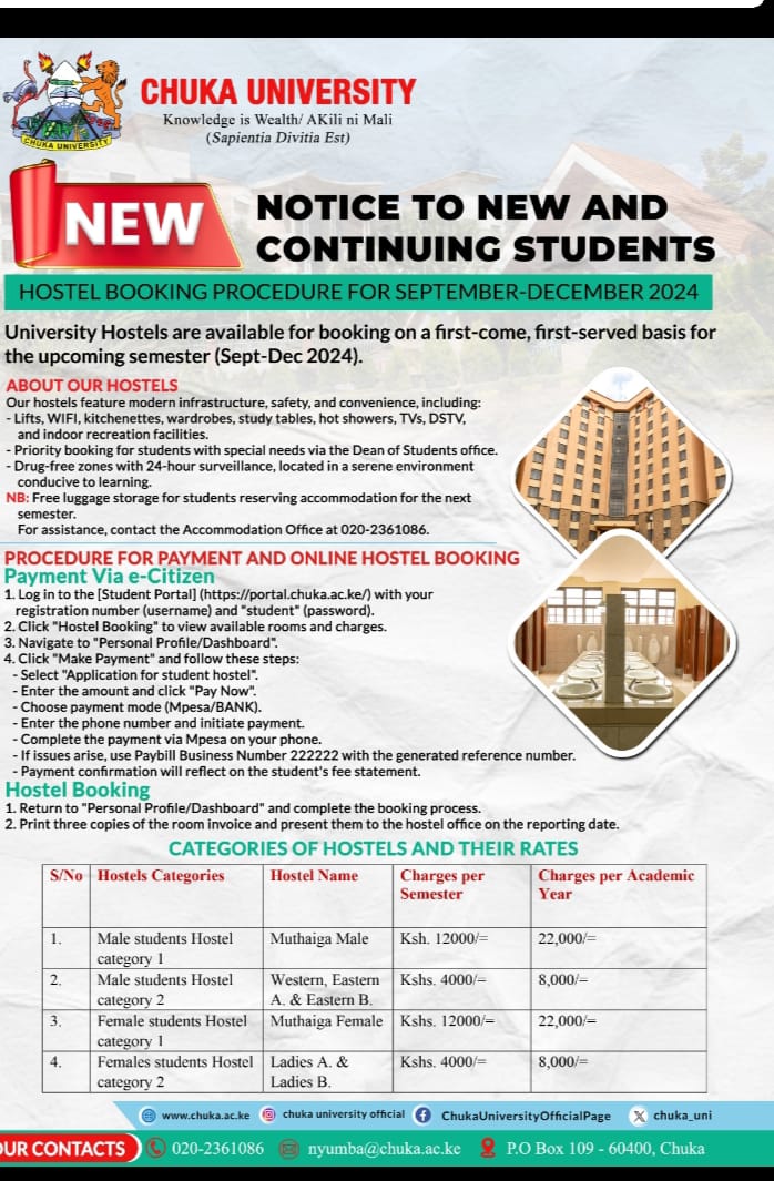 Book your spot in our university hostels for the upcoming semester (September-December 2024)! Rooms are limited and it's first-come, first-served, so don’t wait! Secure your place now for one academic year and enjoy the convenience of on-campus living. #BookNow #knowledgeiswealth