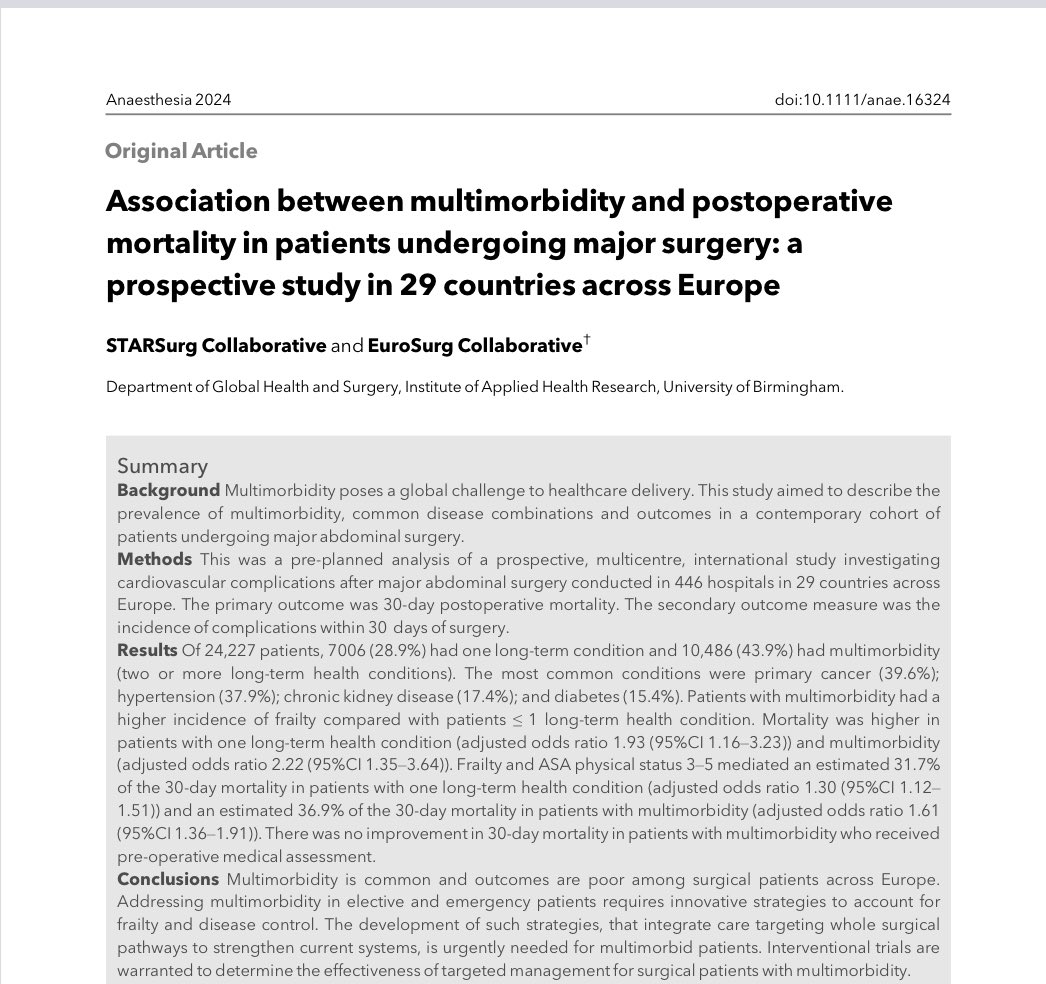 Paper on multimorbidity x surgery now launched in @Anaes_Journal Key messages 🍀1-in-2 patients undergoing major surgery have multimorbidity 🍀multimorbidity associated with higher mortality 🍀Current perioperative models not associated with improved outcomes for patients