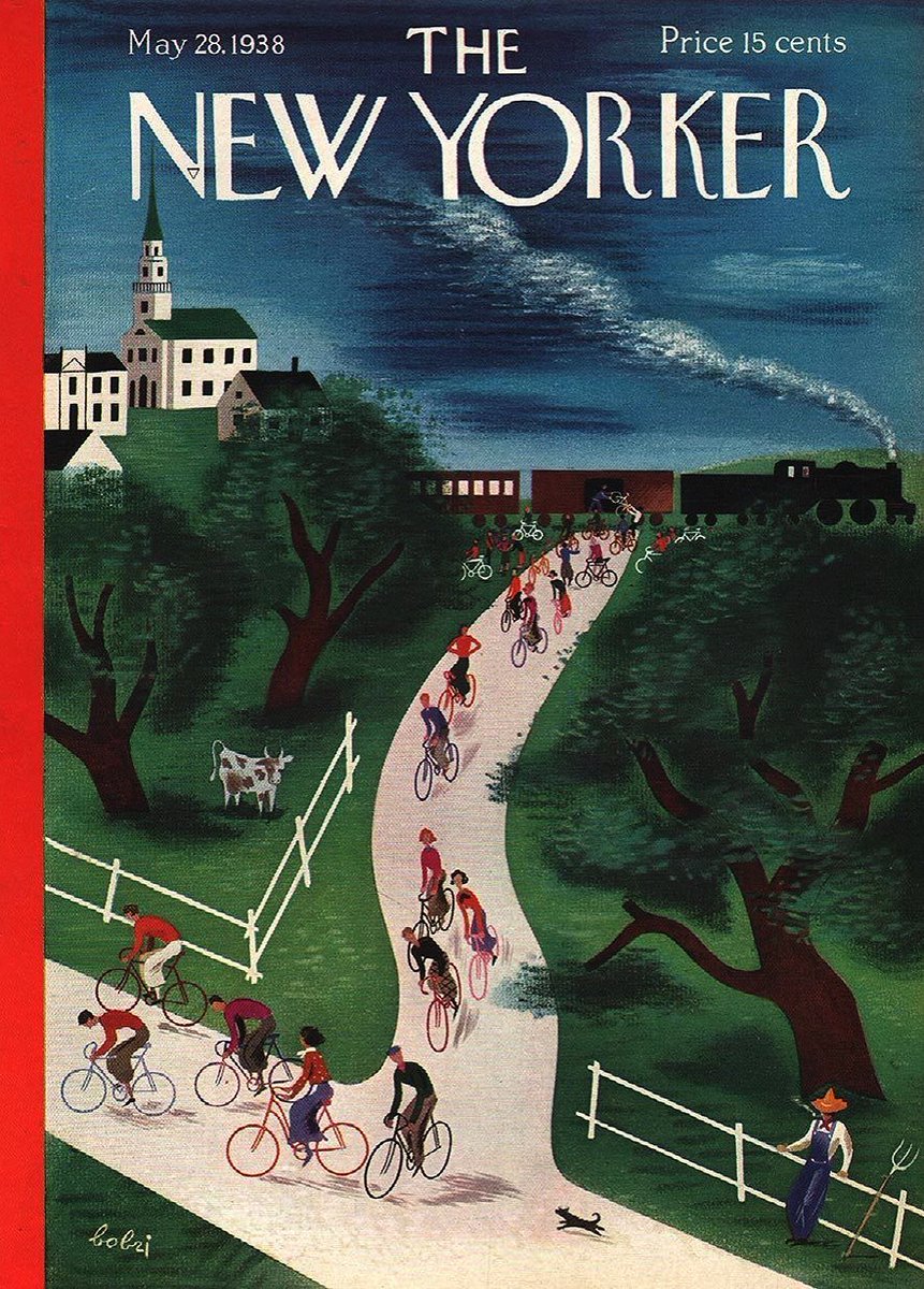 #OTD in 1938 (to Connecticut by train for a day of cycling) Cover of The New Yorker, May 28, 1938 ‘bobri’ (Victor Bobritsky) #TheNewYorkerCover #bobri #VictorBobritsky #cycling #bicycles #cyclists #railroads