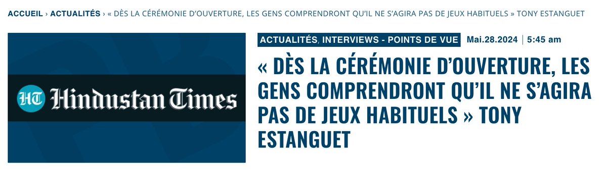 « Dès la cérémonie d’ouverture, les gens comprendront qu’il ne s’agira pas de Jeux habituels » Tony Estanguet Dans une interview avec Faizal Khan du @htTweets lors du Festival de Cannes, @TonyEstanguet donne sa vision des jeux et fait le point sur l'organisation. 'Des jeux