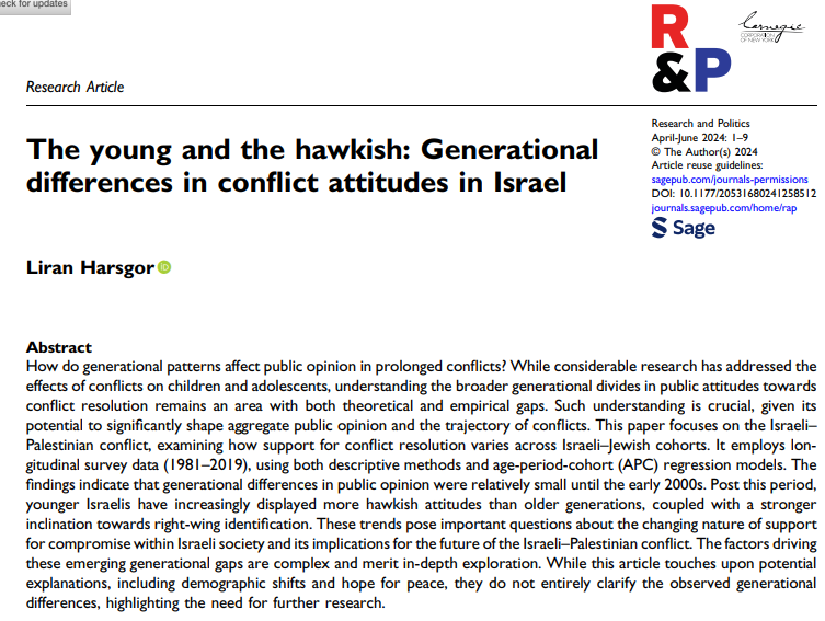 The Young and the Hawkish: Generational differences in conflict attitudes in Israel
My new article in Research &amp; Politics analyzes generational trends in support for the two-state solution in Israel, highlighting significant generational divides.

journals.sagepub.com/doi/full/10.11…