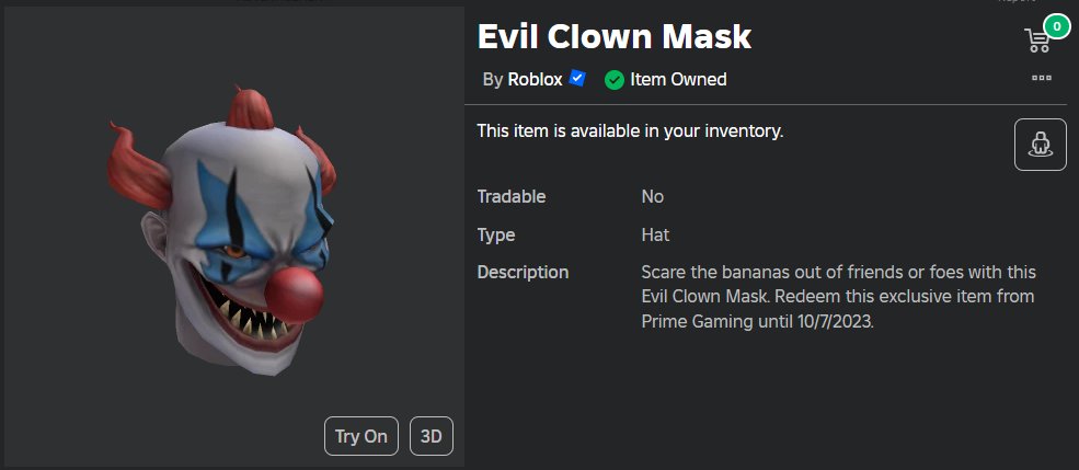 🎉 Evil Clown Mask - Code Giveaway 🎉

📘 Rules:
- Must be following me + Like the tweet
- Reply with anything random

⏲️ 10 random winners will be picked tomorrow at 11 PM EST.
#Roblox #robloxgiveaway #robloxgiveaways #RobloxUGC