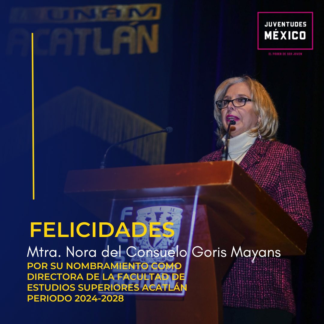 Felicitamos a la Mtra. Nora del Consuelo Goris Mayans por su nombramiento como Directora de la @FES_ACATLAN para el periodo 2024-2028. 👏🏼

Estamos seguros que continuará impulsando #ElPoderDeSerJoven. 👊🏻

¡Un Goya por la FESA!
