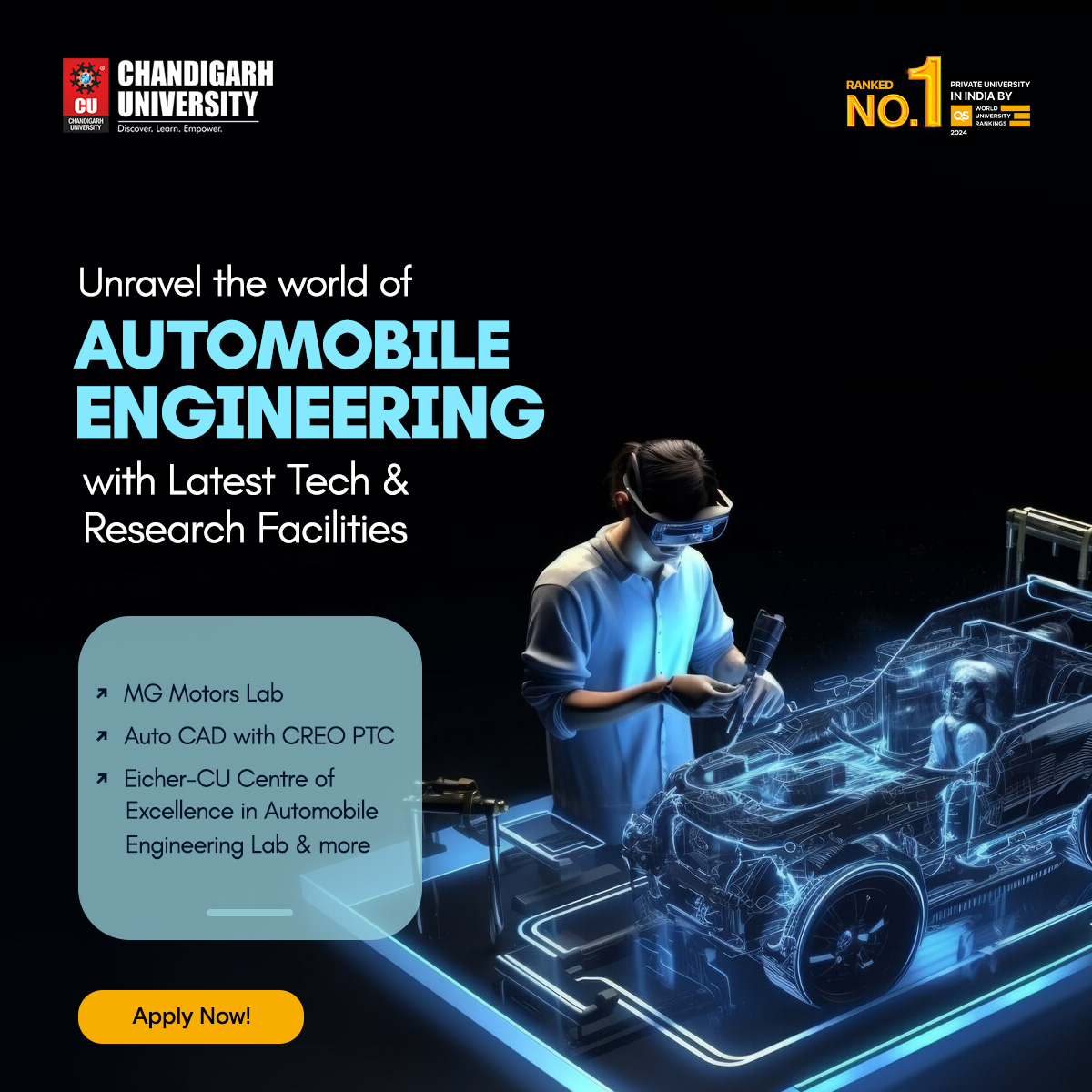 Discover the world of Automobile Engineering at Chandigarh University! 🚗🔧 Dive into latest tech with labs like the MG Motors Lab, Honda Research Centre, and more. Drive innovation and build your future! Apply now: cucet.cuchd.in #AutomobileEngineering