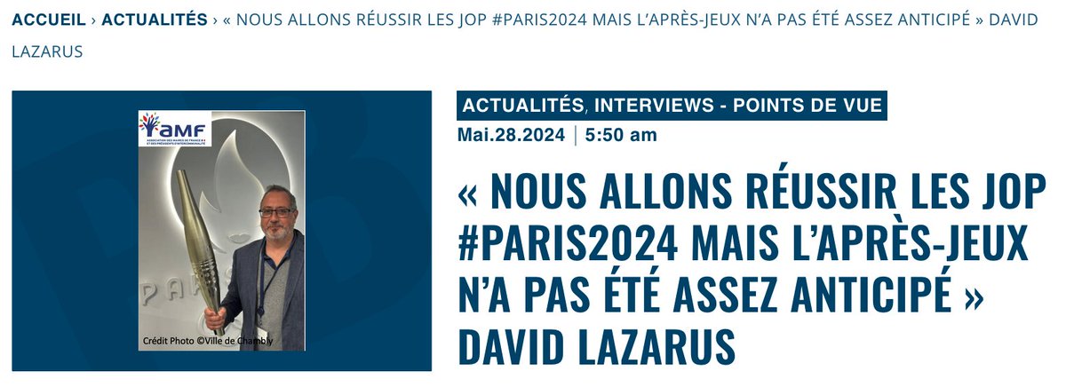 « Nous allons réussir les JOP #Paris2024 mais l’après-Jeux n’a pas été assez anticipé » @DLazarusChambly « Nous allons réussir ces Jeux avec fierté et engouement populaire au rendez-vous », affirme David Lazarus maire de Chambly, vice président de l' @Agence_du_Sport ANS mais