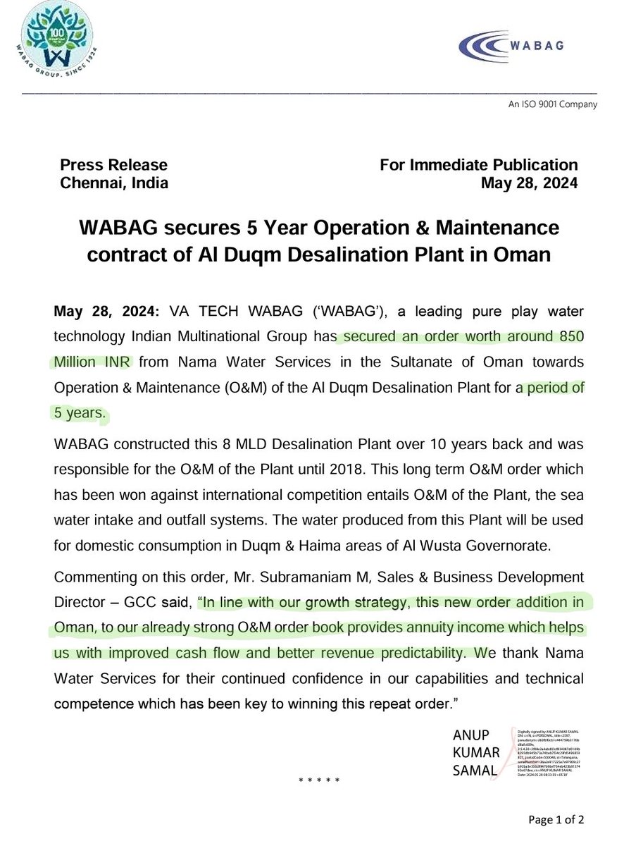 #VATECHWABAG - #ORDERBOOK 

VA TECH WABAG secured an order worth around 850 Million INR from Nama Water Services in the Sultanate of Oman towards Operation & Maintenance (O&M) of the Al Duqm Desalination Plant for a period of 5 years.  

#TRACKLIST