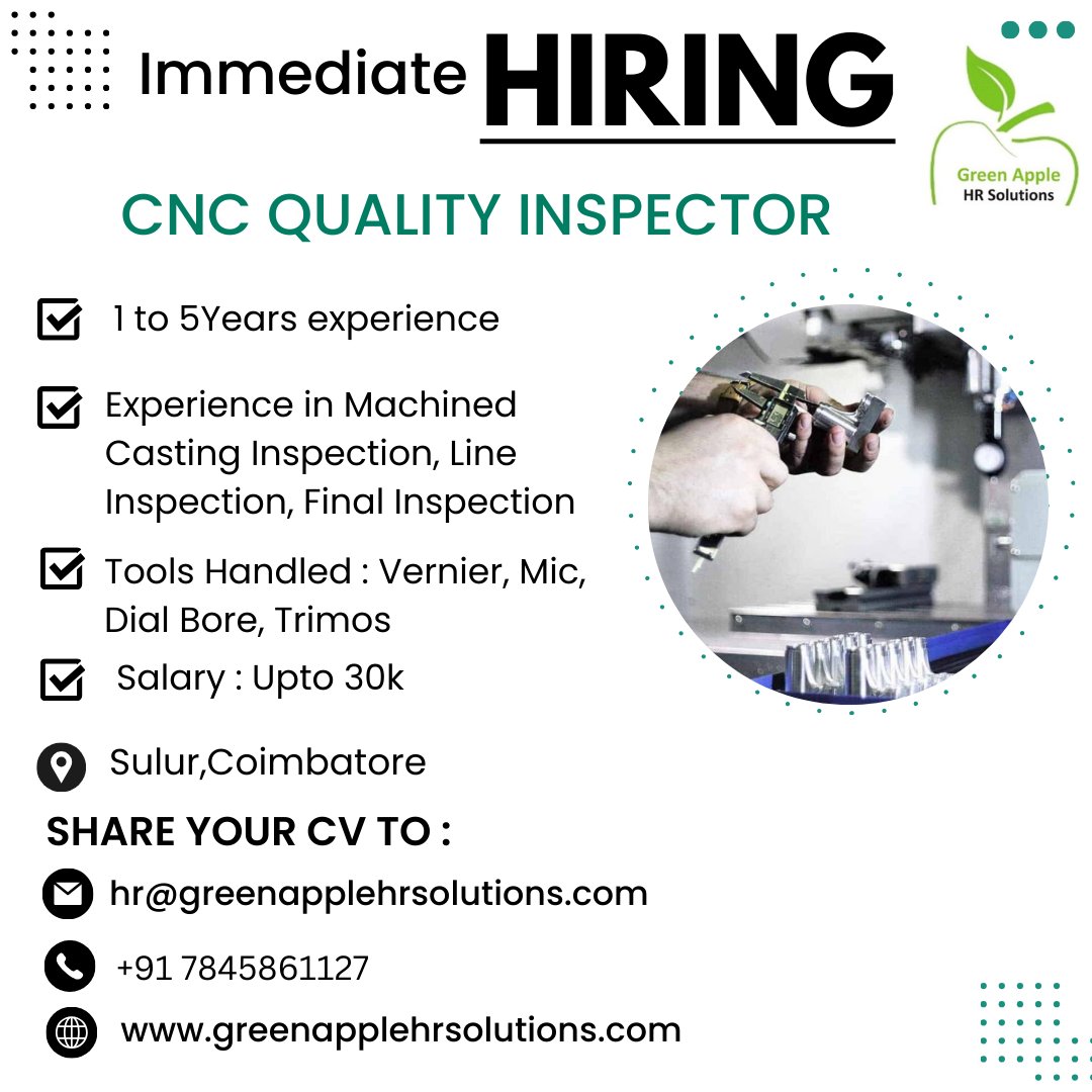 We are looking for a CNC QUALITY INSPECTOR with 1 to 5 years of experience

Requirements:
Experience in Machined Casting Inspector, Line Inspection, Final Inspection

#greenapplehrsolutions #recruitmentagency #hragency #jobconsultancy #cncqualityproducts #jobs2024