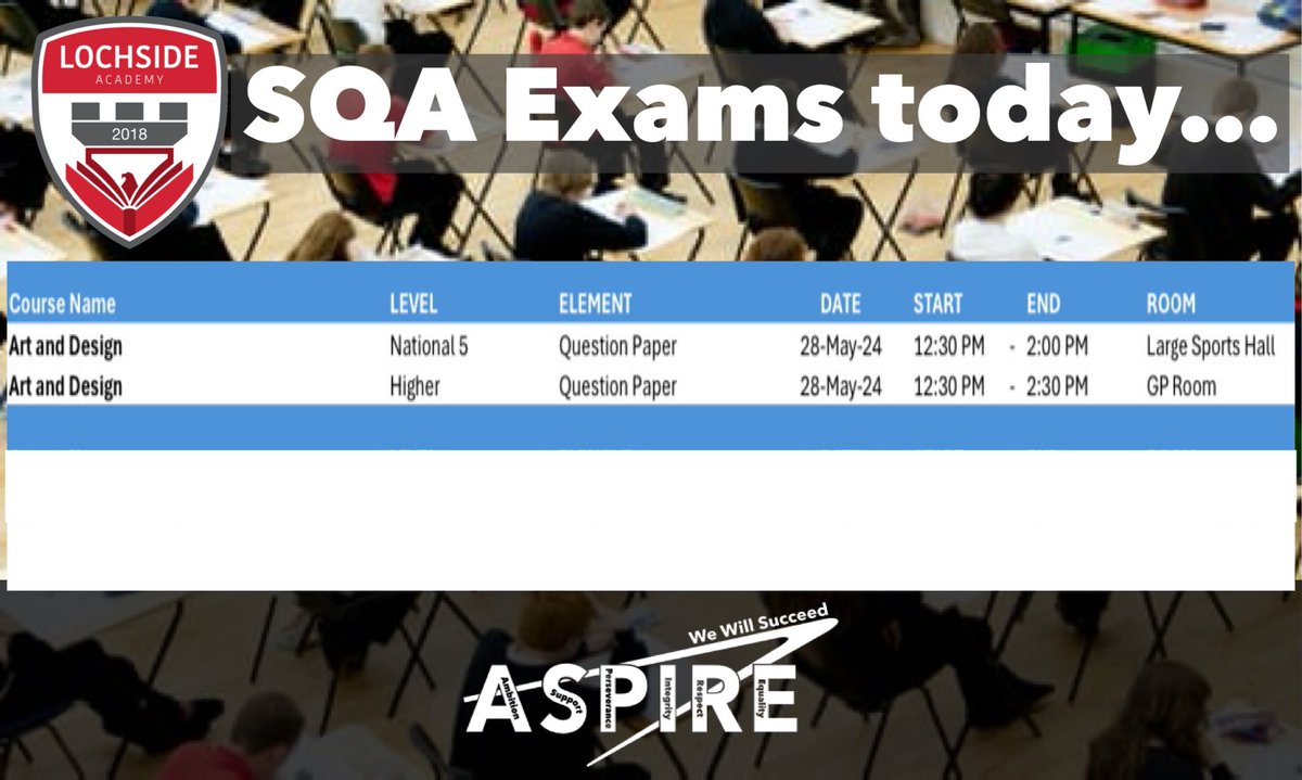 #SQAexams today, #Tuesday2️⃣8️⃣May for pupil and parent/carer information below.  All the very best and success to pupils sitting these exams today.
#ambition
#perseverance
#ASPIRE
