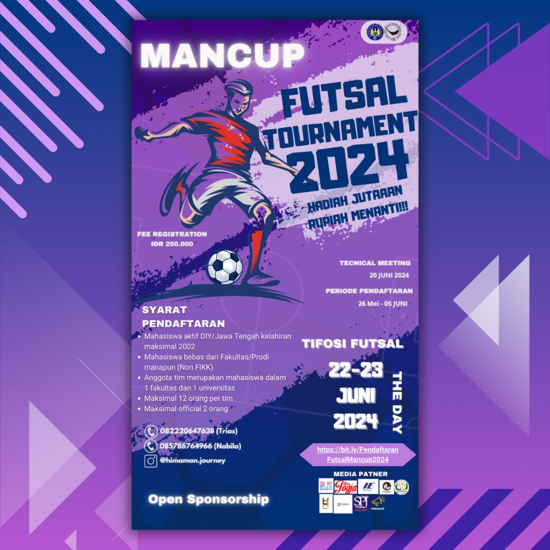 🏆MANCUP 2024 🏆
MANCUP atau Manajemen Cup adalah sebuah turnamen futsal antar mahasiswa se-DIY.

Info lebih lanjut facebook.com/photo/?fbid=79…   

#kotajogja #kotajogjacom