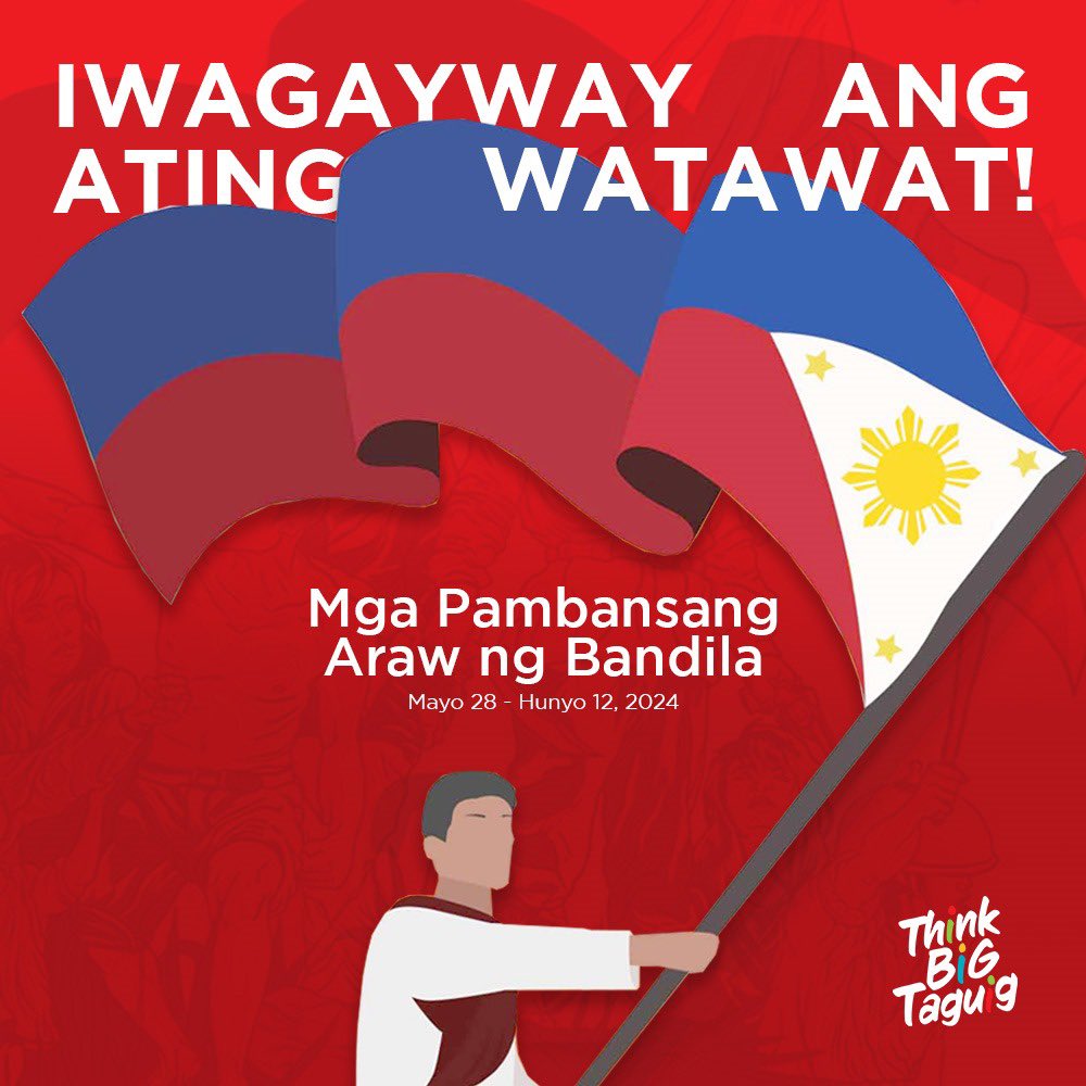 Ngayong Mayo 28, 2024 ating ipinagdiriwang ang Mga Pambansang Araw ng Bandila. 🇵🇭 

Ang pambansang watawat ay simbolo ng ating kalayaan, pagkakaisa, at pagmamahal sa bayan. Mabuhay ang Pilipinas! 

#MgaPambansangArawNgBandila #taguigcity #thinkbigtaguig #ilovetaguig