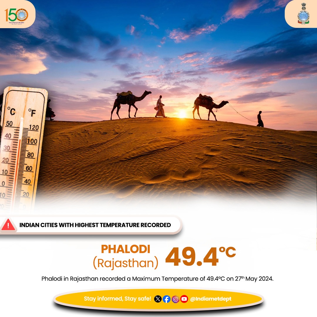 Phalodi in Rajasthan recorded a Maximum Temperature of 49.4°C on 27th May 2024. #heatwave #heatwavealert #weatherupdate #maximumtemperature #phalodi #rajasthan @moesgoi @DDNewslive @ndmaindia @airnewsalerts