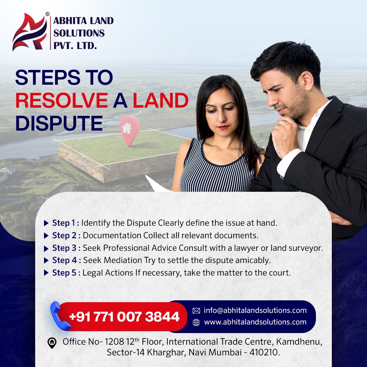 Follow these essential steps to resolve a land dispute effectively

#LandDisputes #LandProtection #LandMatters #PropertyRights #LandRights #LegalAdvice #LegalServices #LegalSolutions #landsolution #landservice #LegalExperts #abhitalandsolutions #pune #kharghar #navimumbai