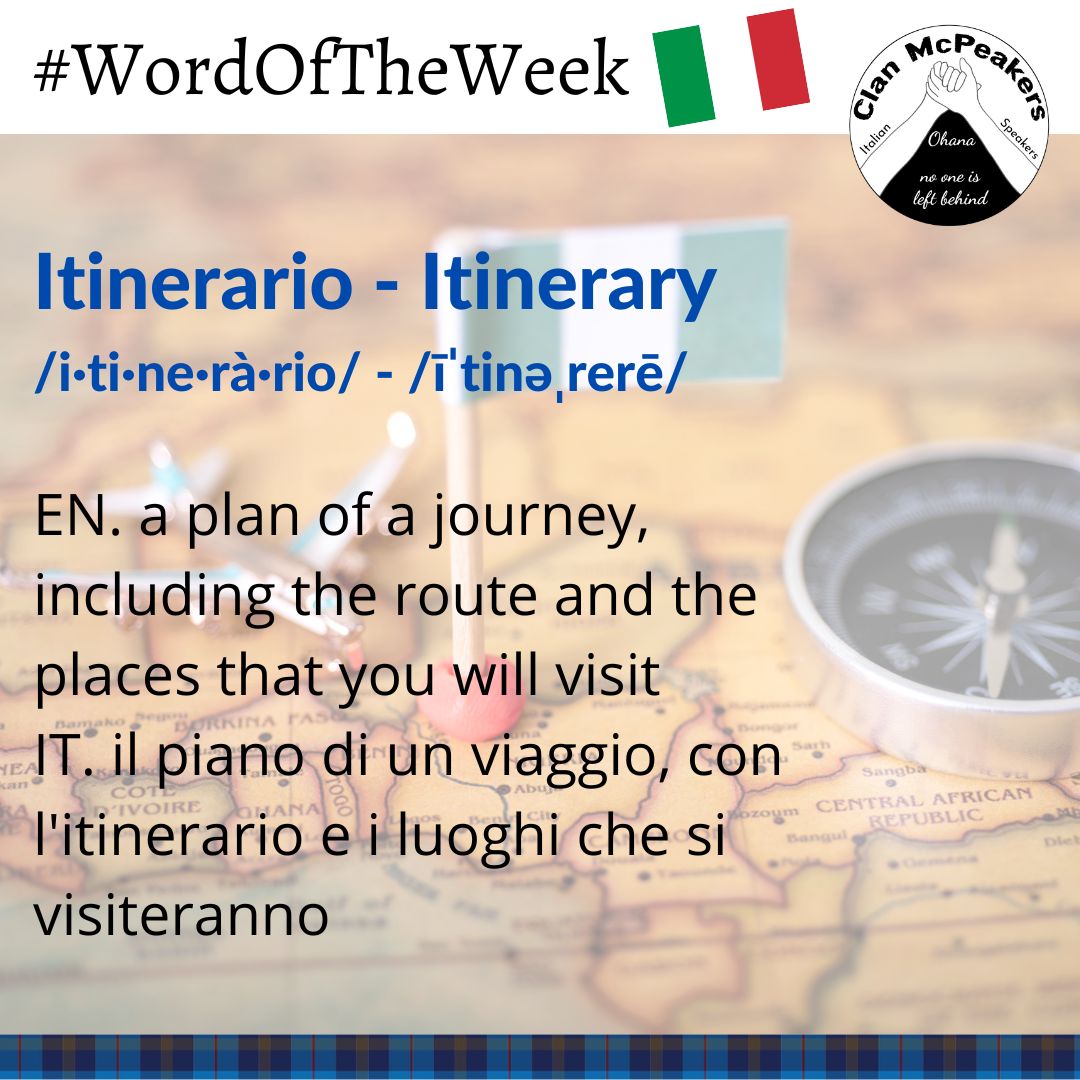 ClanMcPeakers's tweet photo. Today is: Itinerario - Itinerary
EN. a plan of a journey, including the route and the places
IT. il piano di un viaggio, con l'itinerario e i luoghi
#WordOfTheWeek #ItalianWords #ClanMcPeakers #MPC2024
@MyPeakChallenge @SamHeughan @RealAlexNorouzi @jordana_brown @CoachValbo https://t.co/S91ADEczmu