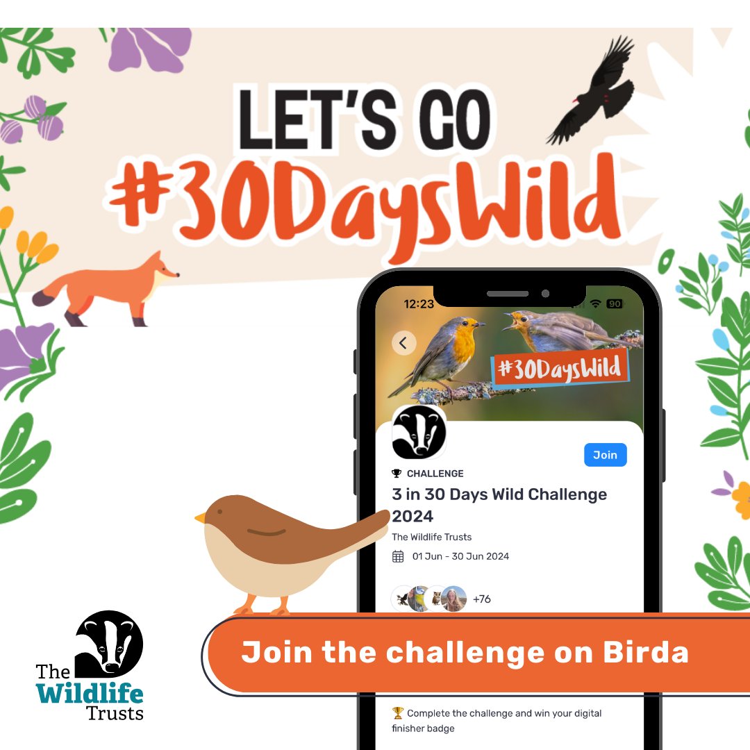 Did you know you can log your 30 Days Wild on Birda? Join our 3 in 30 Days Wild Challenge on the Birda app 🐦log the birds you see to help conservation 🌳easily keep track of your days wild ⭐be in with a chance to win a Wildlife Trust Membership!