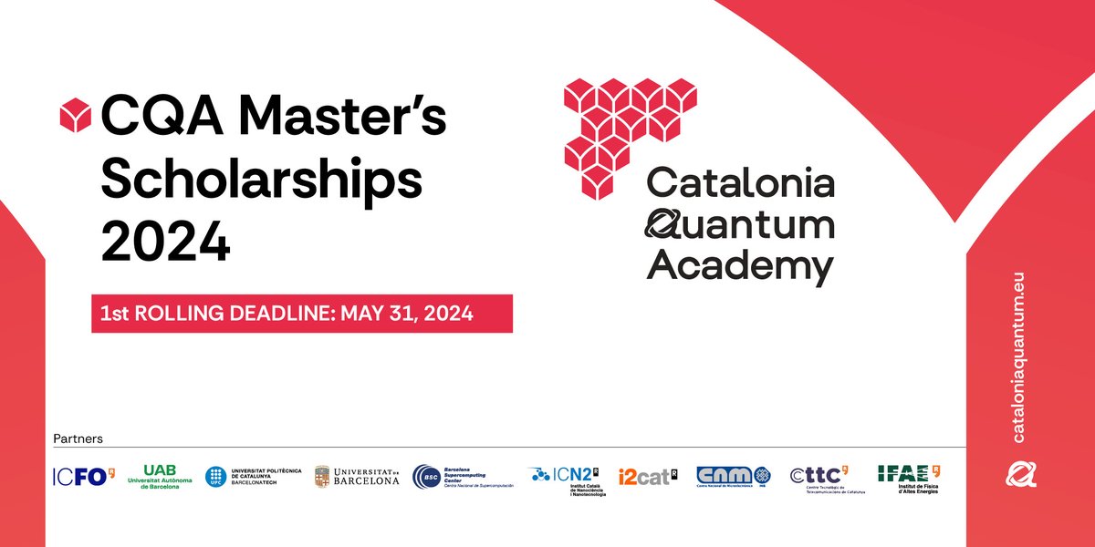 📢1st Rolling Deadline on May 31st! Fellowships available for students who want to pursue master's studies on #quantum science and technologies in Barcelona! The #CATQuantumAcademy launches the first call for outstanding students applying. Apply here👉bit.ly/3QyX5ye