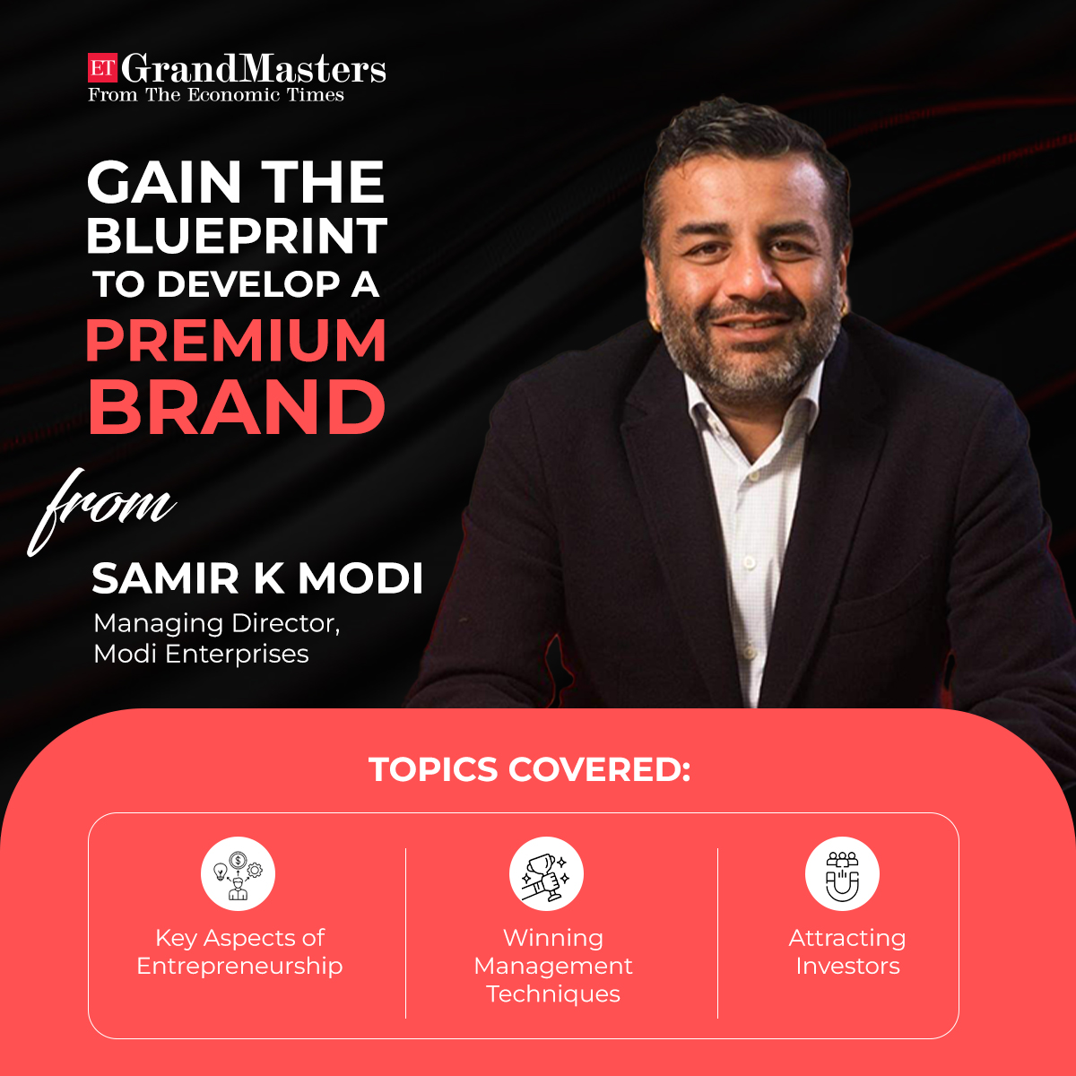 ETGrandmasters's tweet photo. Streaming now on https://t.co/UbIs2rCCDt

Unlock the secrets to building a premium brand with insights from @samirmodi Managing Director of Modi Enterprises. Dive into key aspects of entrepreneurship, master winning management techniques, and learn how to attract top investors. https://t.co/FlpoEkQuq4
