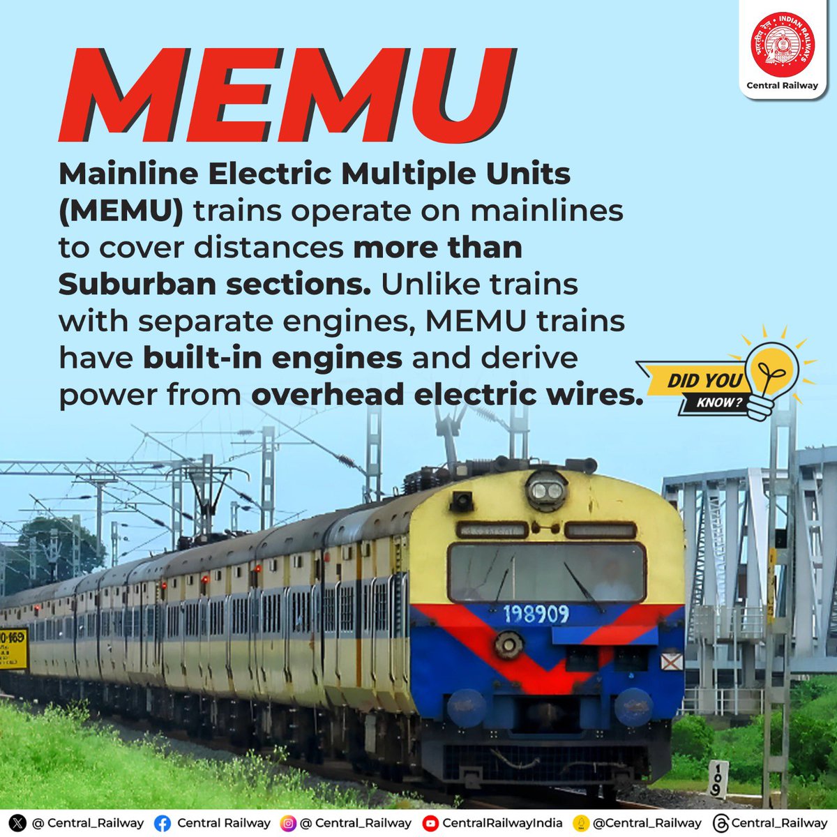 Thoughtful Tuesday: lets know more about our beloved MEMUs (Mainline Electric Multiple Unit) unlocking their pivotal role in the world of transportation.
#CentralRailway #DecodingMEMU